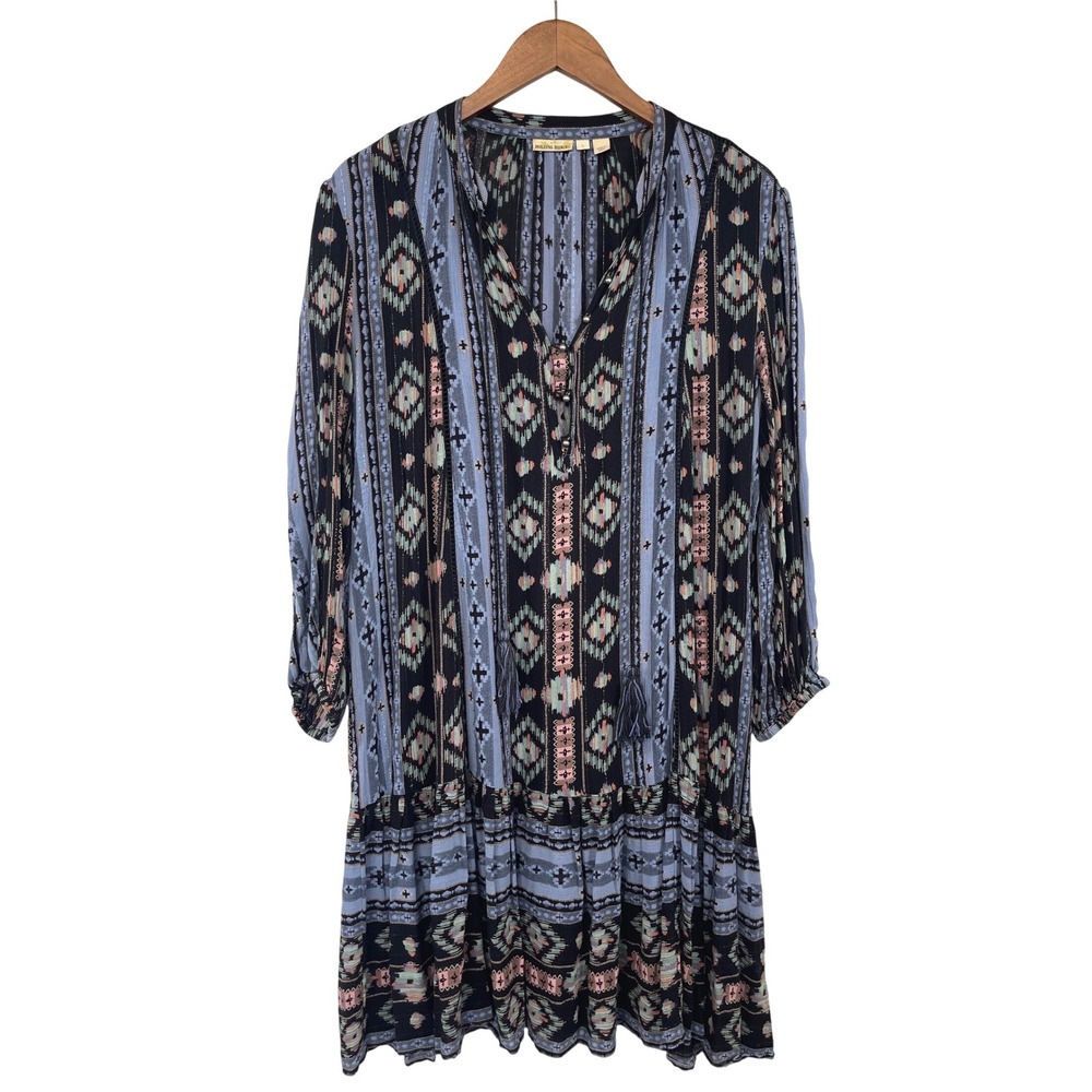 Holding Horses Anthropologie Boho Geometric Tassel Dress Large Blue Southwestern